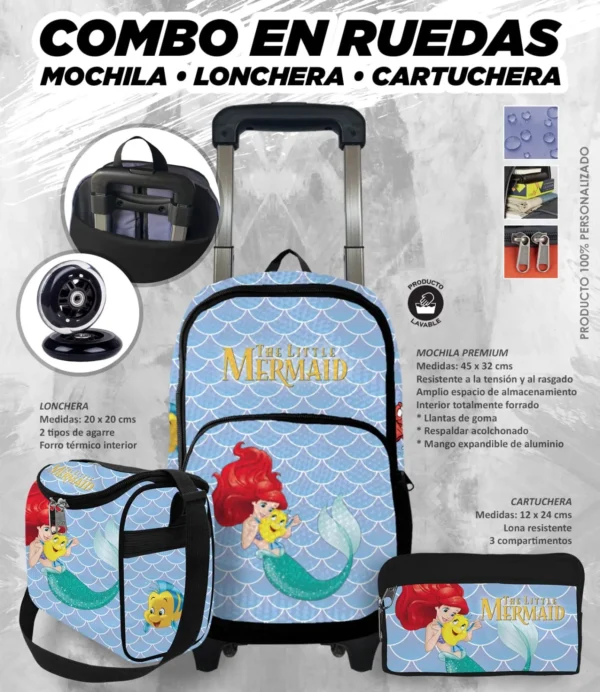 Set Mochila Escolar Rueda Sirenita Ariel