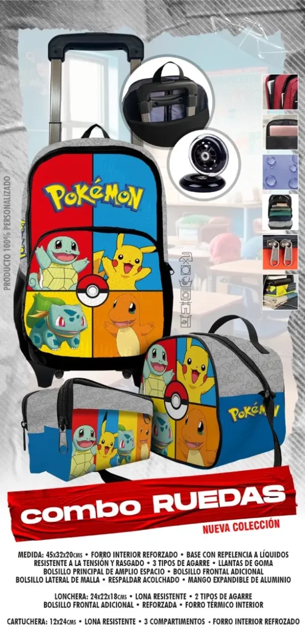 Set  Mochila Escolar de Rueda Pokemon