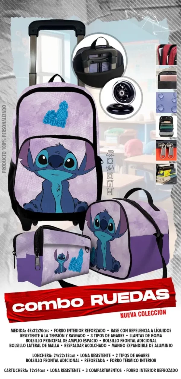 Set  Mochila Escolar de Rueda Little Stich 2