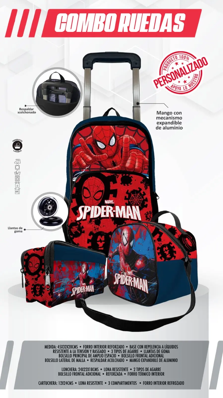 Set Mochila Escolar de Rueda Spiderman 3
