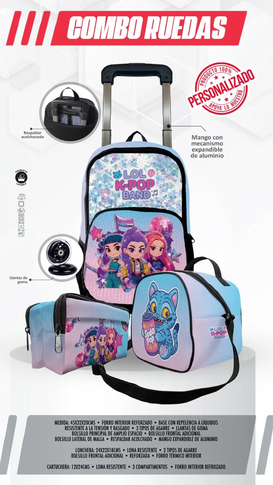 Set Mochila Escolar de Rueda K-pop Demon Hunters