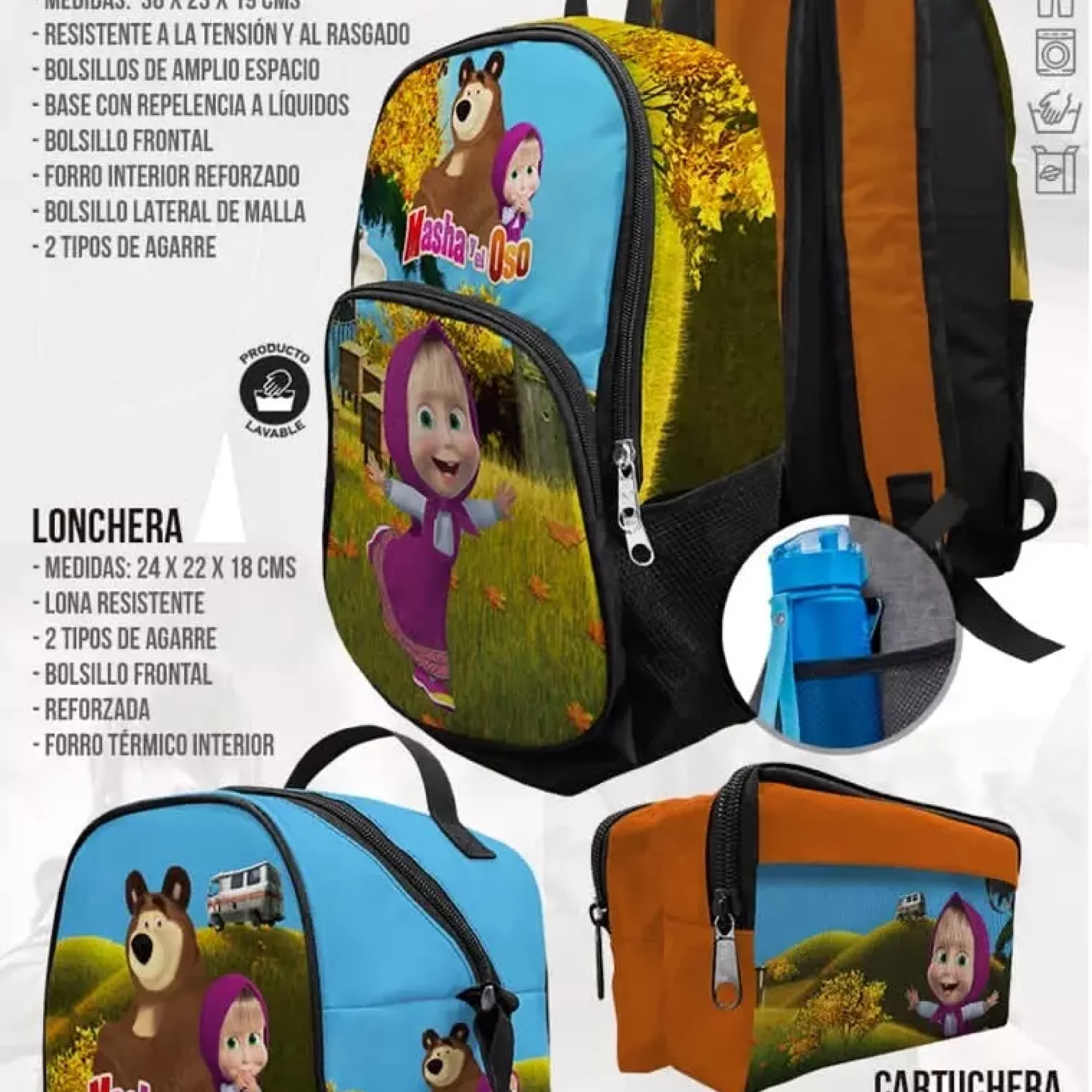 mochila-escolar-lonchera-Masha-y-el-Oso-mochilas-durables-temporada-escolar-como-kids